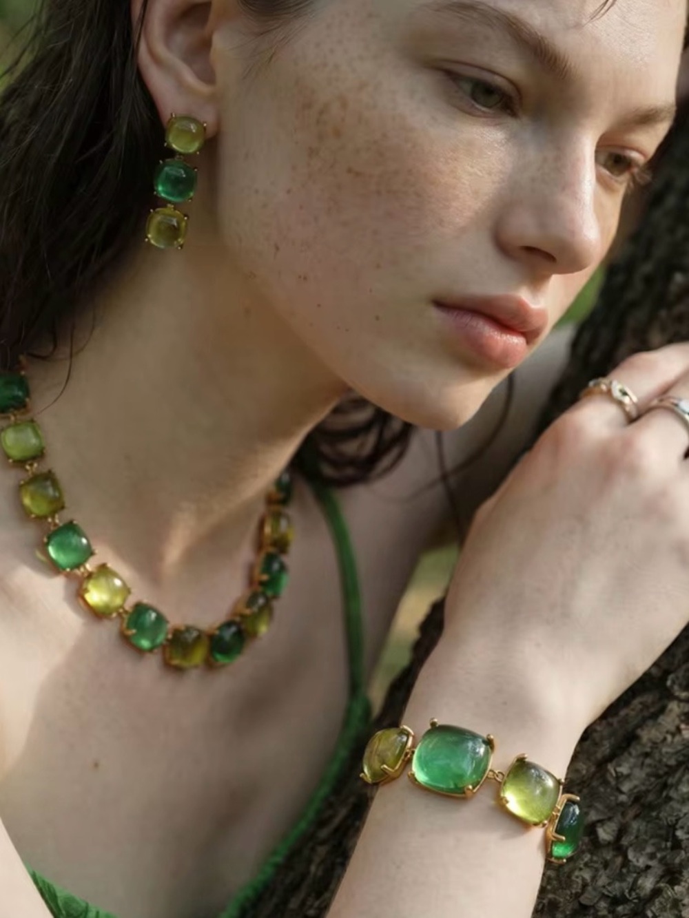 Sara Sotti Green Gemstone Gold-Tone Necklace, Bracelet & Earring Set